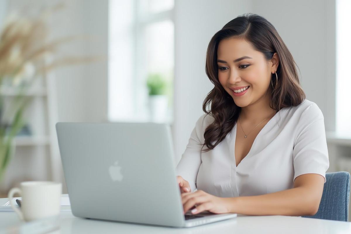 Giovane donna sorridente studia laptop corso wedding planning - aspirante wedding planner formazione