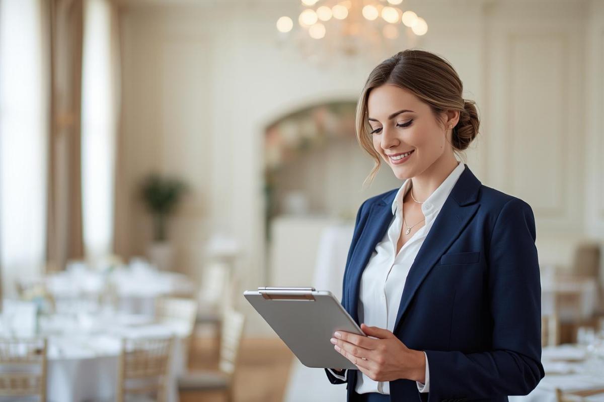Wedding planner professionista organizza evento con tablet clipboard - professionista attivo lavoro