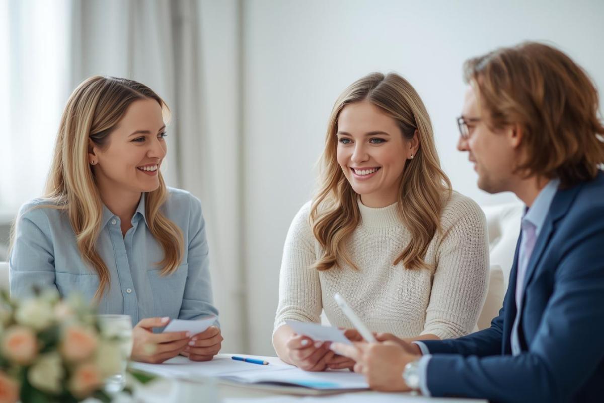 Wedding planner che consulta coppia di sposi sorridenti - consulenza professionale