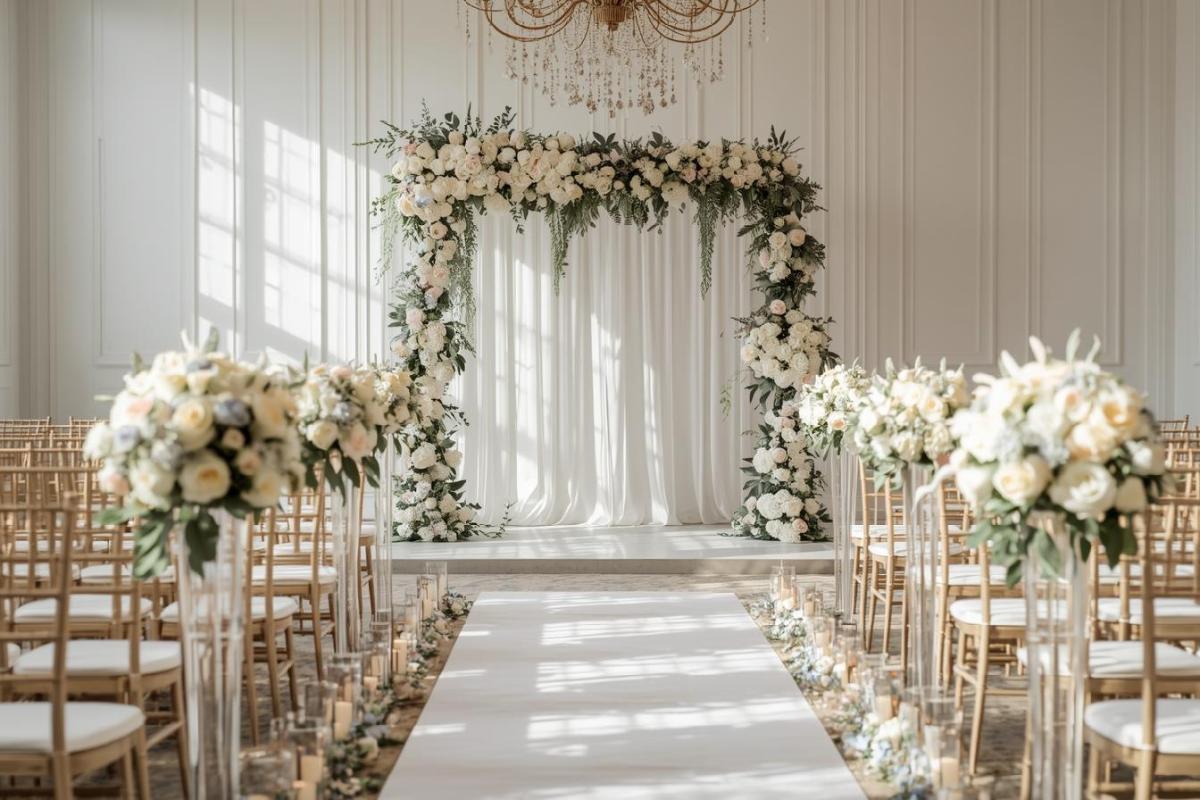 Allestimento elegante cerimonia matrimonio con fiori e decorazioni - design evento